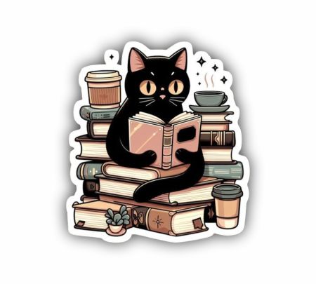 Cozy Black Cat Reading Sticker Mockup