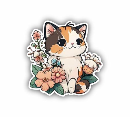 Cute Calico Cat With Flowers Sticker Mockup
