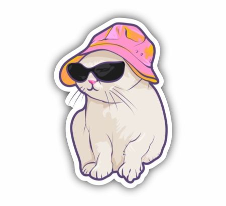 Cute Cat Wearing Sunglasses And A Bucket Hat Sticker Mockup