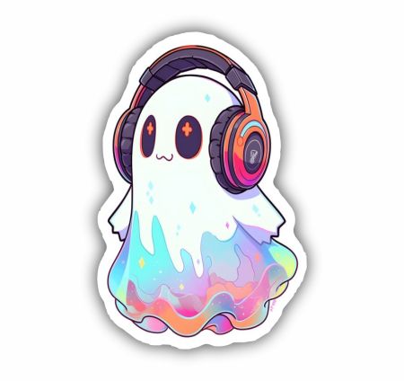 Cute Ghost With Headphones Sticker Mockup