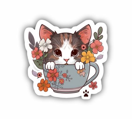 Cute Persian Cat In A Cup Sticker Mockup
