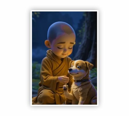Monk Child with Puppy Poster Mockup