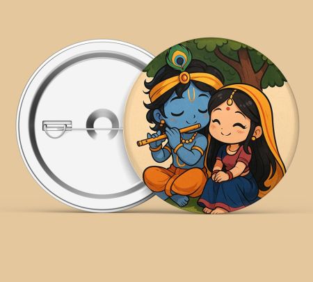 Radha Krishna Gibhli Art Button Badge Mockup