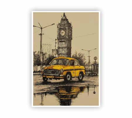 Vintage Vibes – Kolkata Yellow Cab Art Poster Mockup